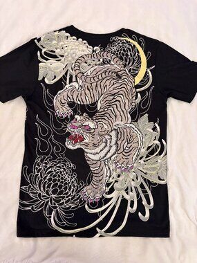 Japanese Style Tiger Tee Shirt Black Sz Large